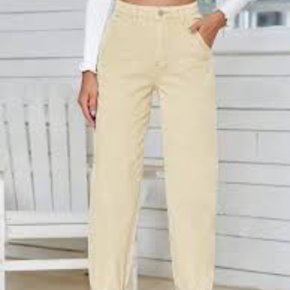 SHEIN EZwear Tan High Waist Corduroy Pants, Straight Leg
